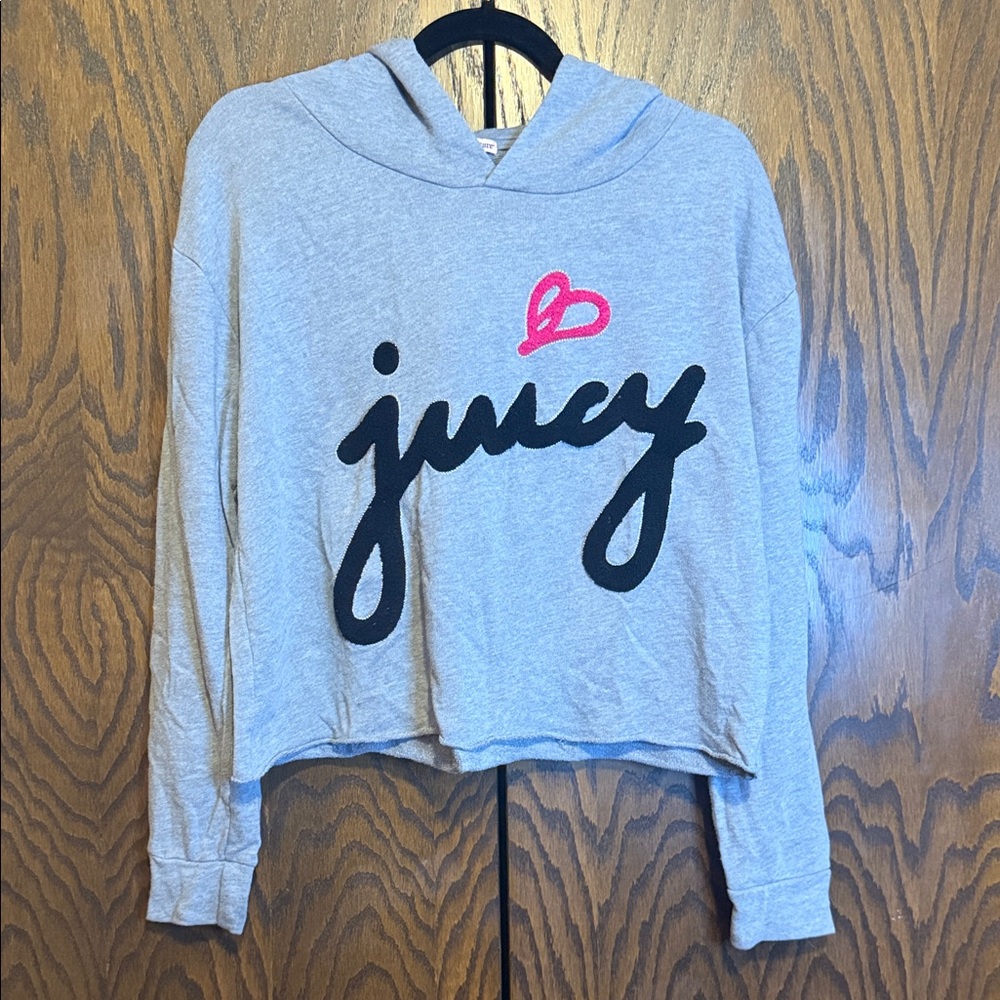 Juicy Couture Light Gray Hoodie with Black Script and Pink Heart